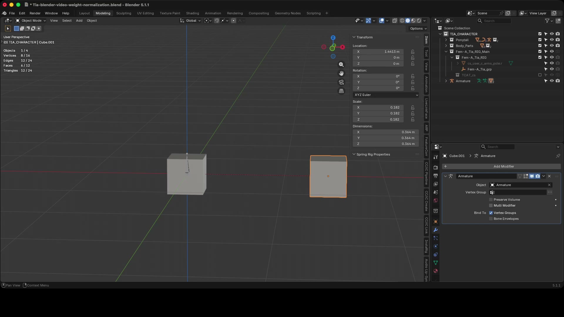 The duplicate cube shares the same armature modifier but sits far from the bone