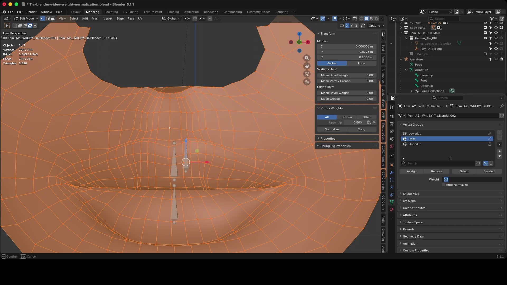 All vertices selected in edit mode, assigned to the Root vertex group