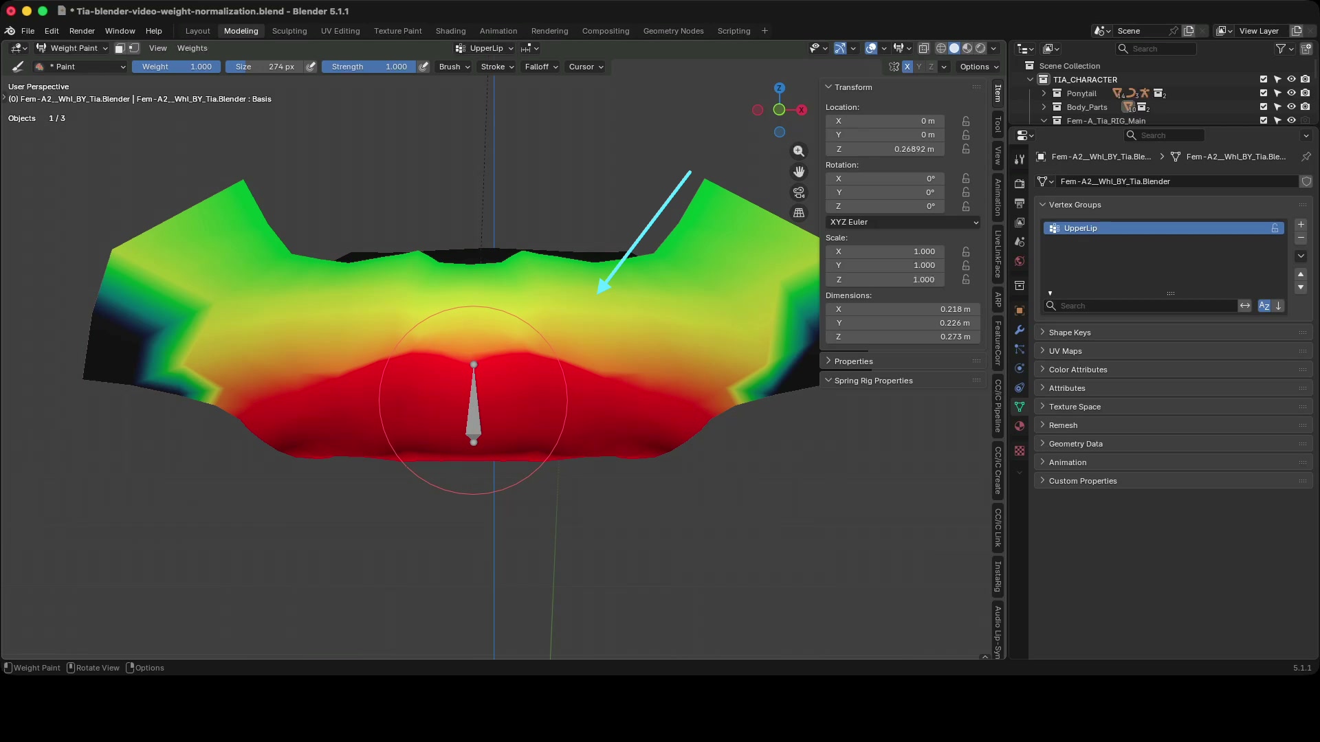 Weight paint mode showing a smooth red-to-green falloff from the face of the upper lip towards the nose